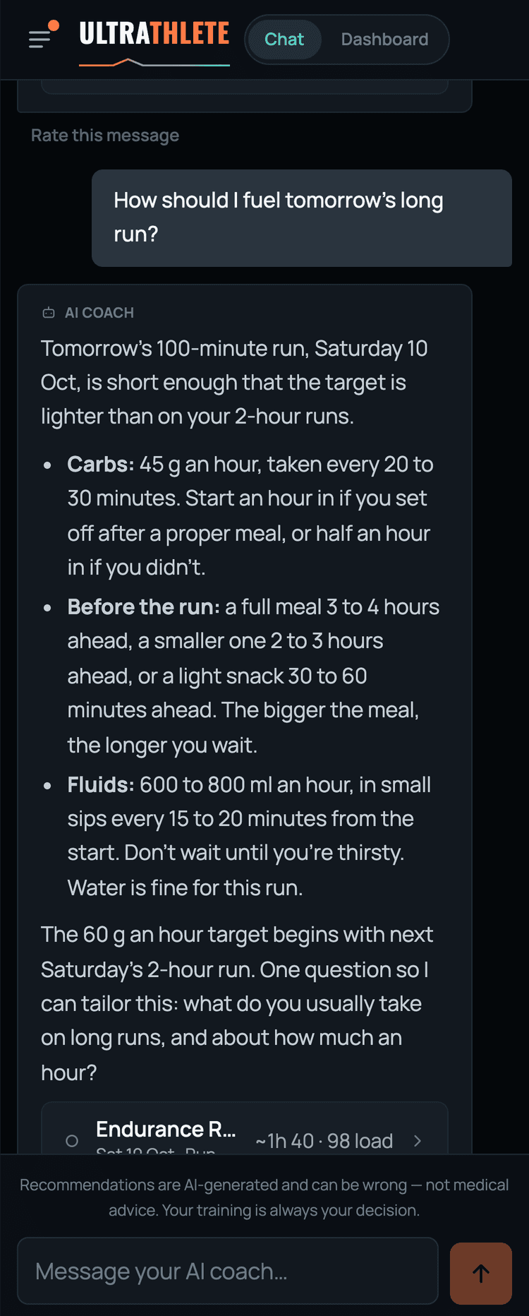 The app on a phone: an athlete asks how to fuel tomorrow's long run and the coach answers with carbohydrates, the meal before and fluids