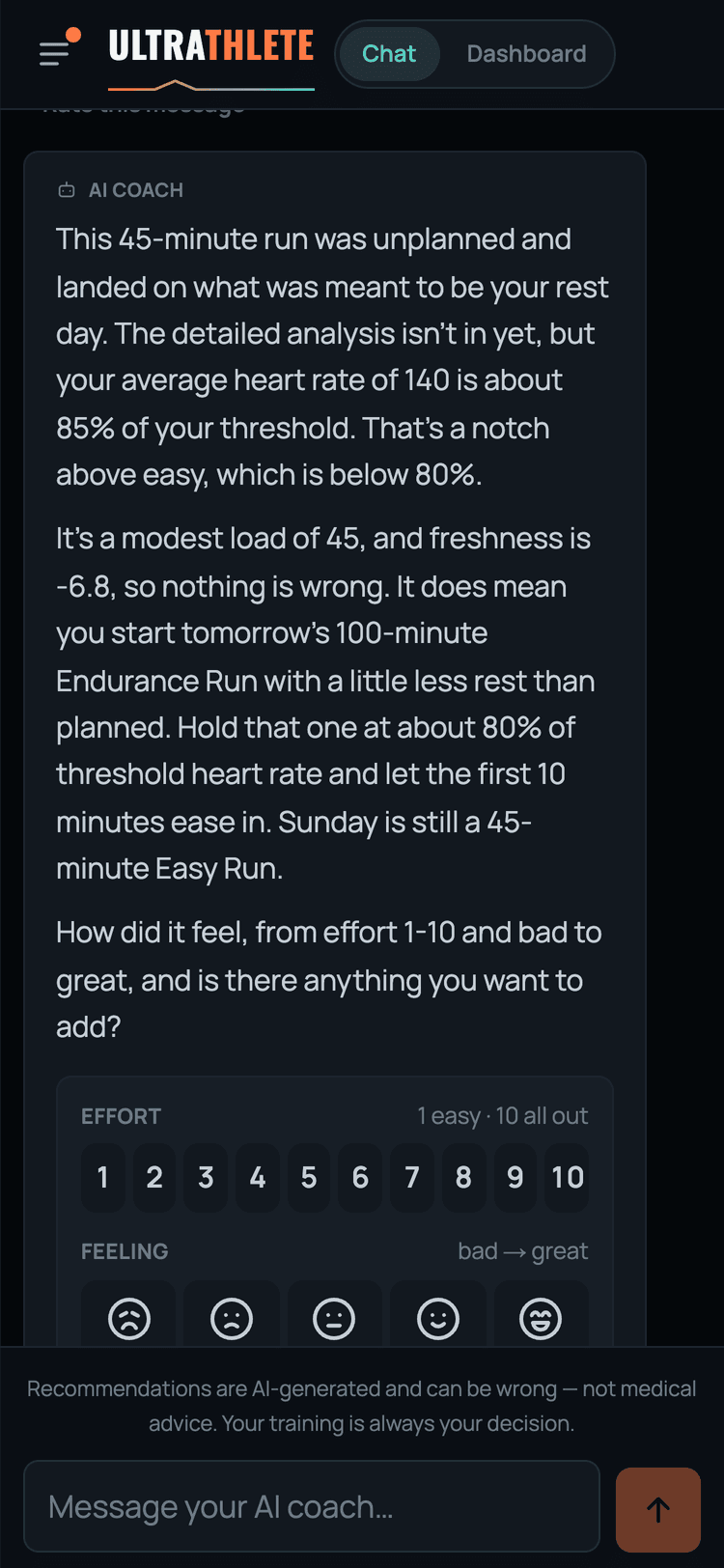 The app on a phone: the coach's comment on a 45-minute run and a card asking how hard it felt and how it felt