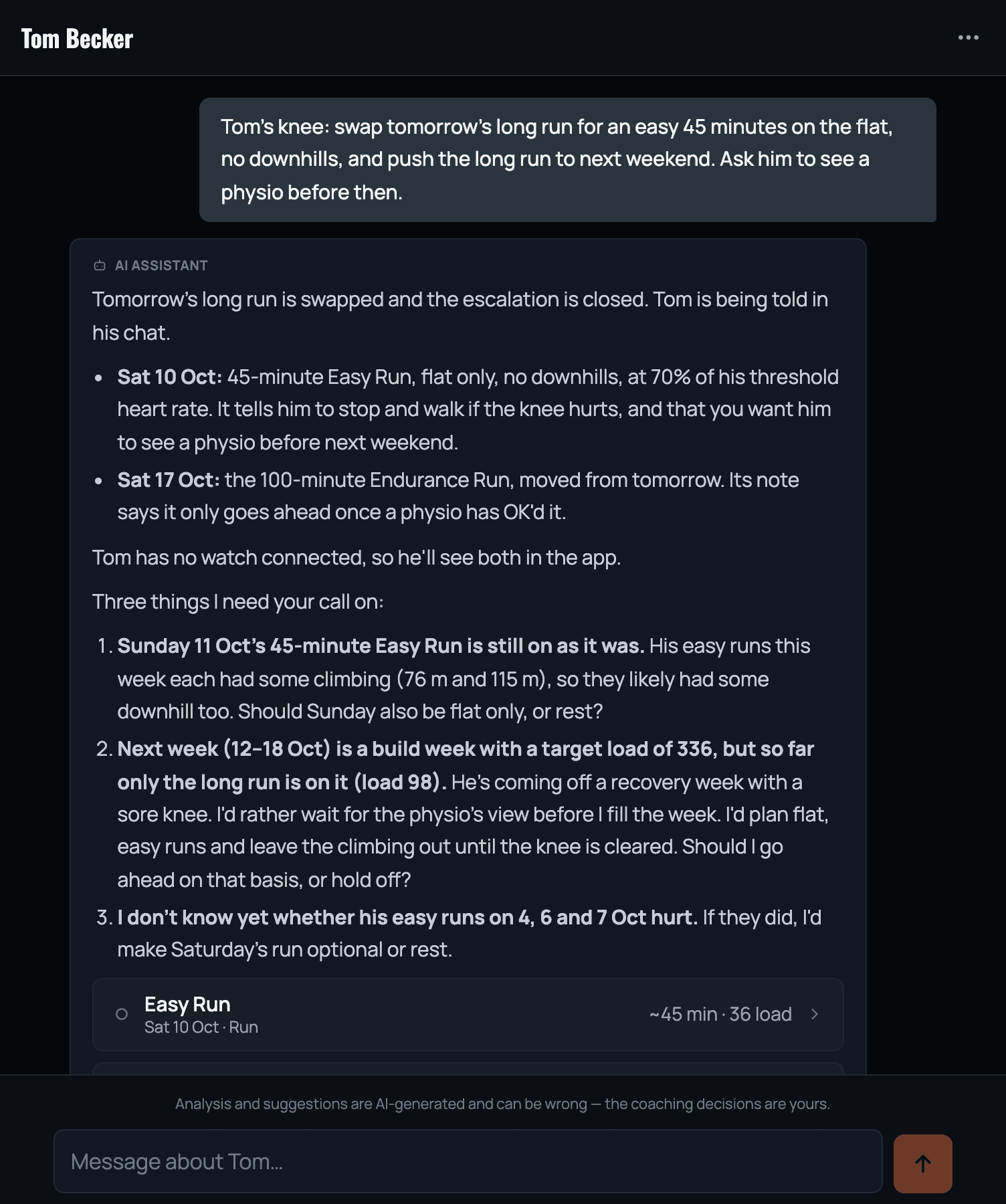 The coach asks the AI assistant to change an athlete's weekend; it makes the change, tells the athlete, and lists the calls that are still hers